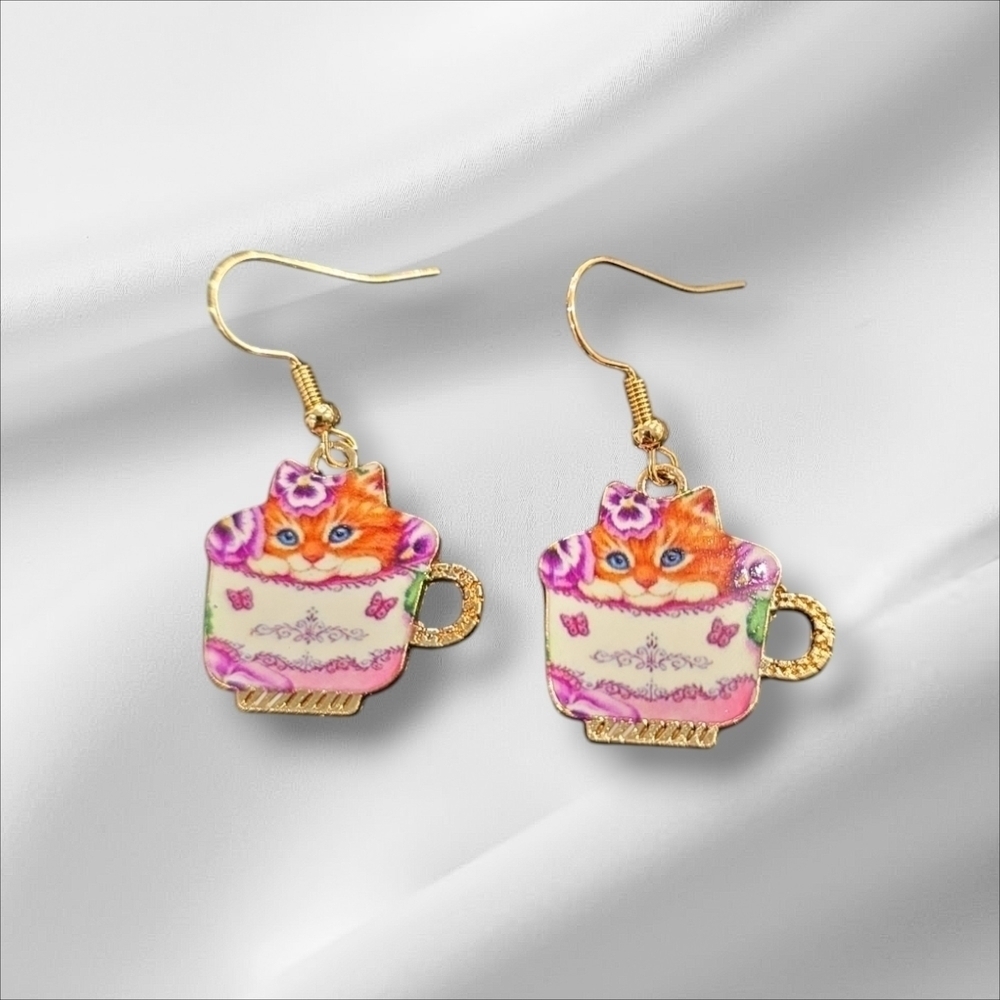 Gold and Pink Cat Teacup Earrings with Festive Sprinkles - Picture 2 of 2